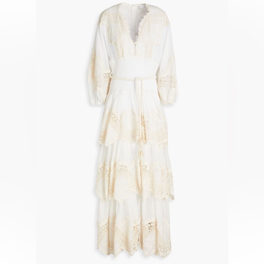 Zimmermann Crocheted lace trim dress tiered Rami-gauz maxi dress Size 2.